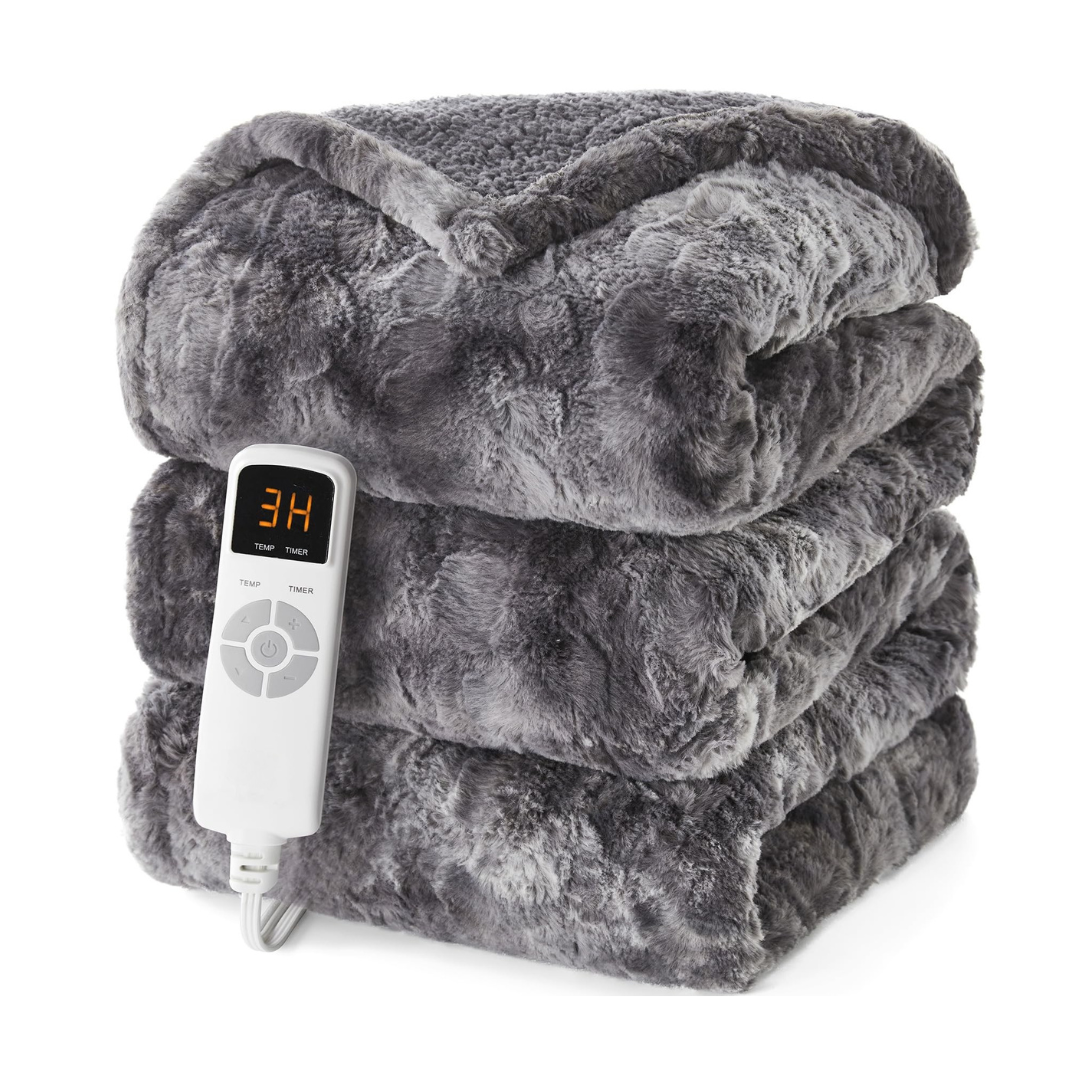 Faux Fur Sherpa Electric Heated Blanket with 9 Levels and Auto Off
