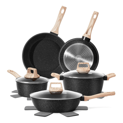 Aluminum Nonstick Cookware Set with Granite Coating & Glass Lids