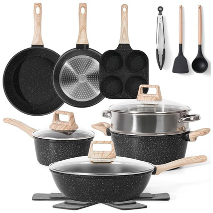 Aluminum Nonstick Cookware Set with Granite Coating & Glass Lids